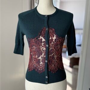 Carven Wool Cardigan Lace Panel Green Short Sleeve S